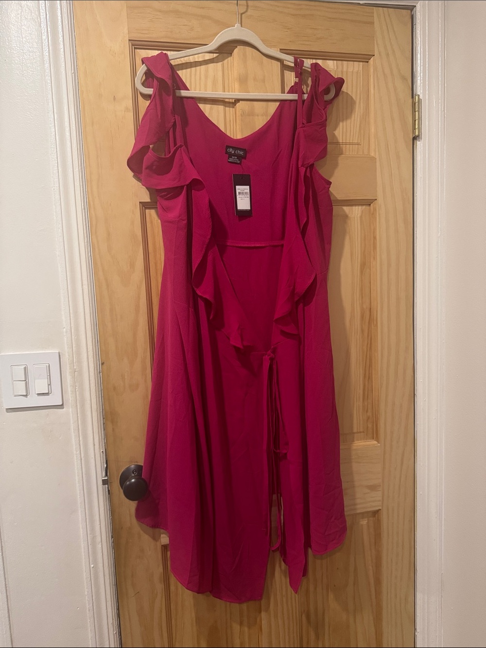 City Chic Fuchsia Ruffle Wrap Midi Dress